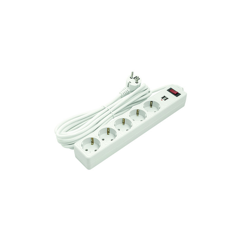 Ilgiklis - 5m 5 Lizdai 2xUSB su Jungikliu ir Apsauga nuo Perkrovos