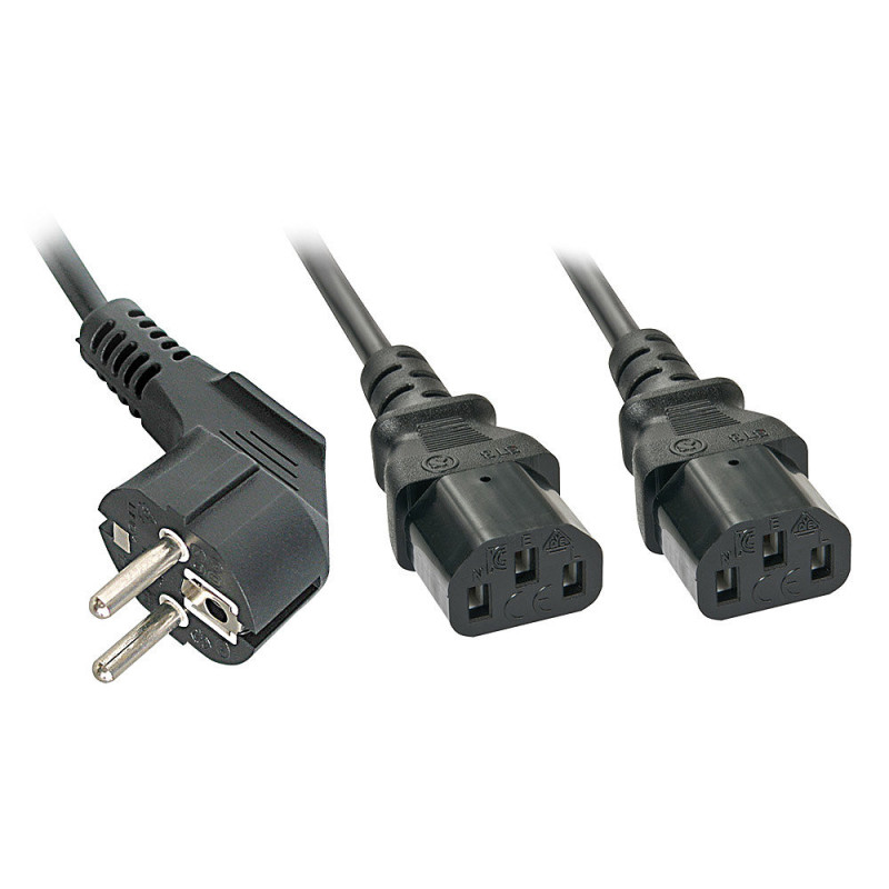 Power Cord - LINDY Schuko to 2x C13 Power Cord, 2 m, Black