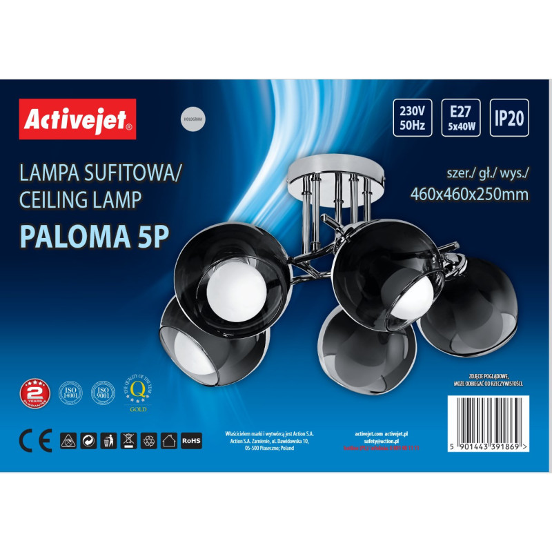 Apšvietimo įrenginys - Activejet AJE-PALOMA 5P E27 200W pakabinama lempa sidabrinė