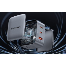 Maitinimo adapteris - Vention 70W GaN PD įkroviklis 2x USB-C 1x USB-A Juodas