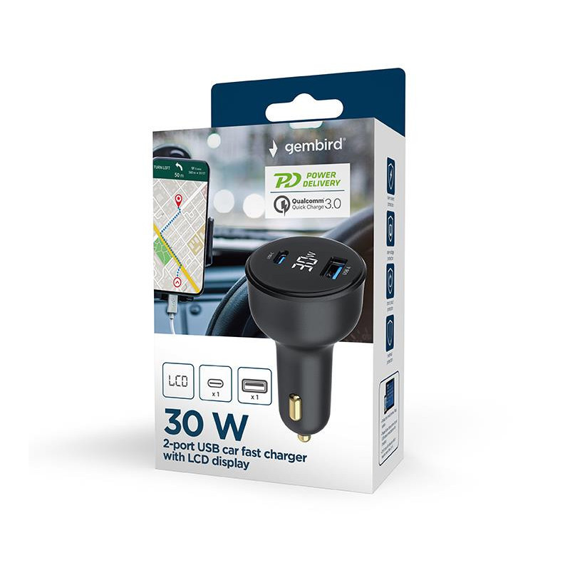 MOBILE CHARGER CAR USB 2PORT / TA-UC-AC2PD30LCD-CAR01 GEMBIRD