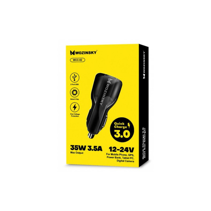 Automobilinis įkroviklis Wozinsky "WCC-02" juodas (2-USB / 35W / 3.5A / Quick Charge 3.0)
