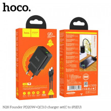 Įkroviklis Hoco 'N28' juodas (PD20W / QC3.0) + 'Type-C / Lightning' 100cm laidas