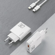 Įkroviklis Dudao 'A30EUL' baltas 30W (1xPD / 1xQC3.0) + 'Type-C / Lightning' laidas