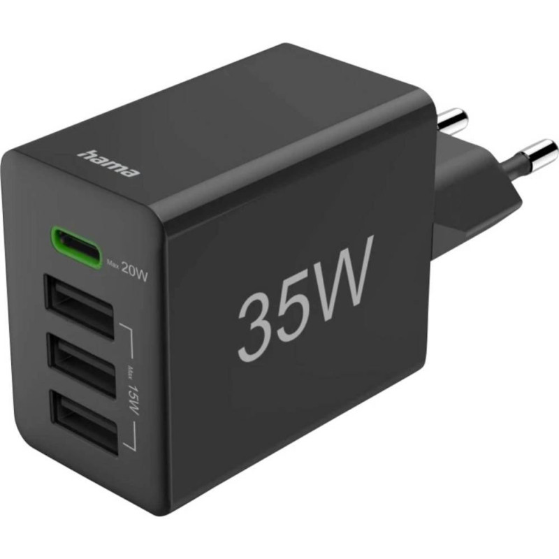 Hama įkroviklis 35W PD USB-C + 3USB-A, juodas