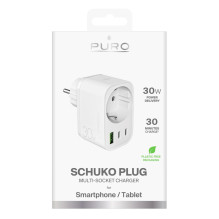 „Puro“ 30 W maitinimo įkroviklis su „Schuko“ kištuku ir lizdu, 2x USB-C + 1x USB-A - baltas