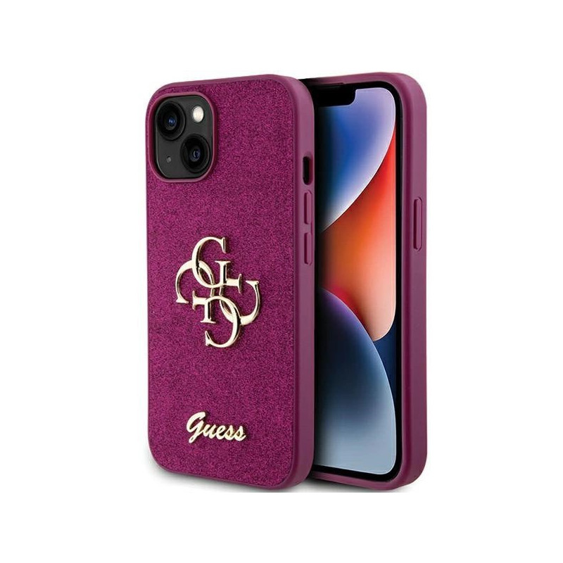Guess Glitter Script Big 4G case for iPhone 15 - purple