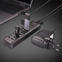 USB Hub - LINDY 10 Prievadų USB 3.0 Hub su Maitinimo Jungikliais, 5 Gbps, Aliuminio Lydinys
