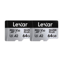 Set of 2 Lexar High-Performance Silver Plus microSDXC 2x64GB memory cards + adapter