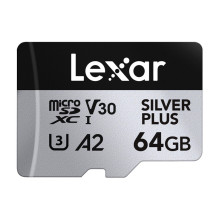 Set of 2 Lexar High-Performance Silver Plus microSDXC 2x64GB memory cards + adapter