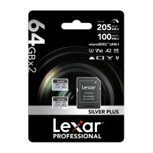 Set of 2 Lexar High-Performance Silver Plus microSDXC 2x64GB memory cards + adapter