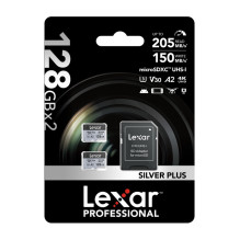 Set of 2 Lexar High-Performance Silver Plus microSDXC 2x128GB memory cards + adapter