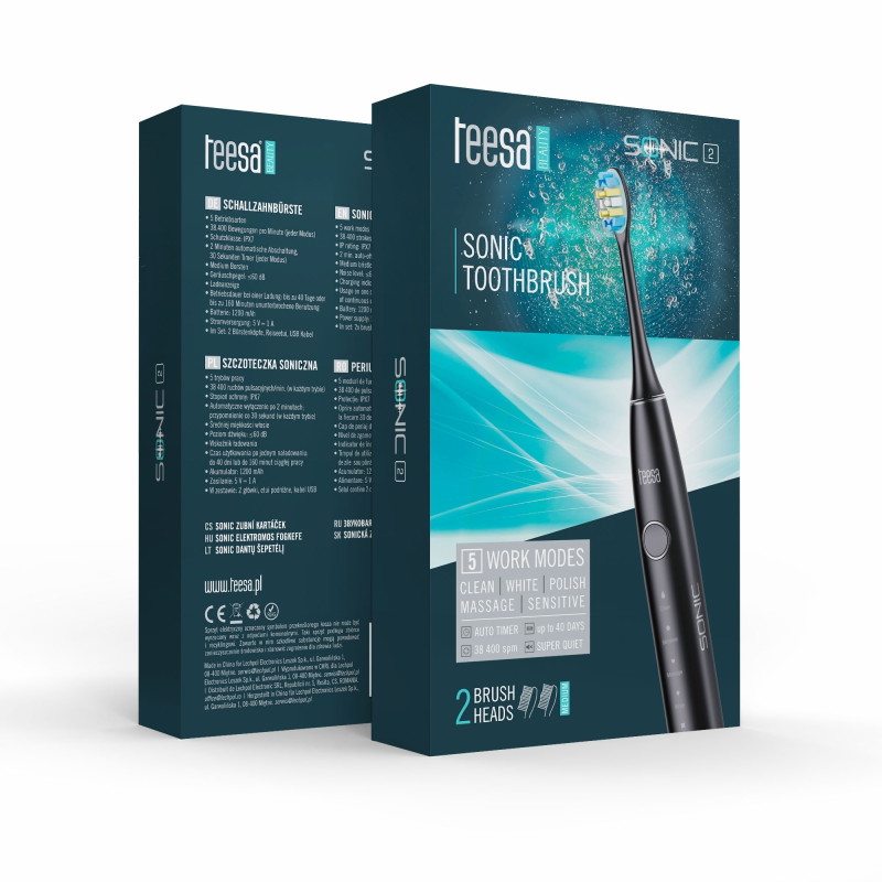 Electric toothbrush TEESA SONIC 2, black, 5 operating modes, travel case, USB Type-C