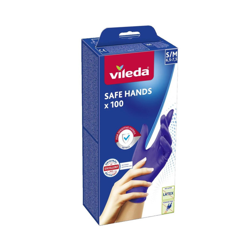 Vienkartinės pirštinės - VILEDA Safe Hands nitrilinės pirštinės S / M 100 vnt.
