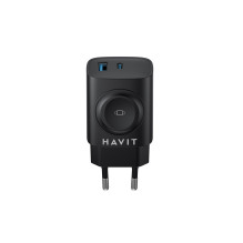 Įkroviklis - Havit UC132 GaN 22W Dviejų Uostų USB Įkroviklis su Belaidžiu Įkrovimu Juodas Įkroviklis - Havit UC132 GaN 22W Dviejų Uostų USB Įkroviklis su Belaidžiu Įkrovimu Juodas
