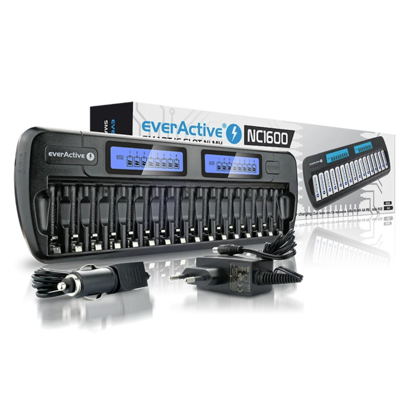 NC-1600 profesionāls lādētājs 16x Ni-MH (AA, AAA), neatkarīgi kanāli, LCD, 12V / 220V
