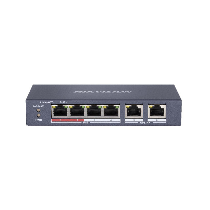 6 prievadų, 4 PoE prievadų komutatorius Hikvision DS-3E0106P-E / M