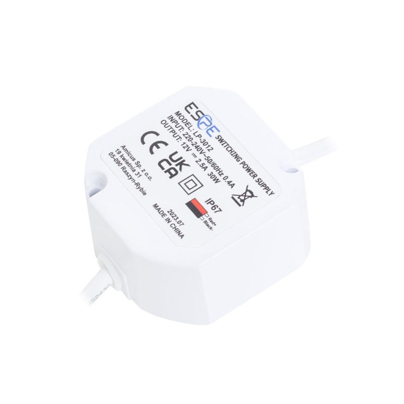 Impulsinis maitinimo šaltinis ESPE LP-3012 (30W, 2.5A / 12V, hermetinis IP67, 50x47x25)