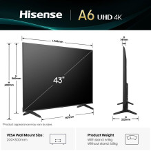 TV Set, HISENSE, 43 ", 4K Ultra HD, 3840 x 2160 pixels, Flat, 16:9, LED, 43A6Q
