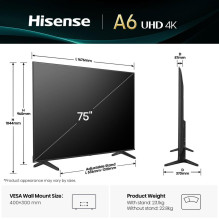Televizorius, HISENSE, 75", 4K Ultra HD, 3840 x 2160 pikselių, plokščias, 16:9, 75A6Q