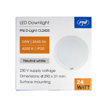 LED lubinis šviestuvas PNI D-Light CL2425 24W, apvalus 29 cm, 4200K, 230V maitinimo šaltinis, 2640 lm, neutrali balta LED lubinis šviestuvas PNI D-Light CL2425 24W, apvalus 29 cm, 4200K, 230V maitinimo šaltinis, 2640 lm, neutrali balta