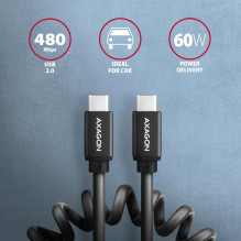 USB-C–USB-C 1,1 m kabelis, 60 W, juodas BUCM-CM20TB, AXAGON