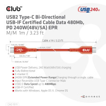 CABLE USB-C TO USB-C 1M / M / M CAC-1511 CLUB3D CABLE USB-C TO USB-C 1M / M / M CAC-1511 CLUB3D