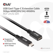 CABLE USB-C TO USB-C 2M / M / F CAC-1529 CLUB3D