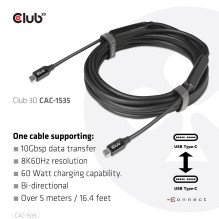 CABLE USB-C TO USB-C 5M / M / M CAC-1535 CLUB3D