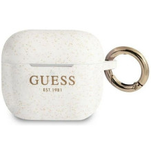 „Guess“ silikoninis dėklas „Apple AirPods 3“ ausinėms, baltas, blizgučiais