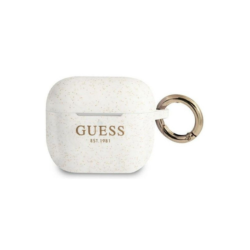 „Guess“ silikoninis dėklas „Apple AirPods 3“ ausinėms, baltas, blizgučiais
