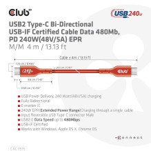 CABLE USB-C TO USB-C 4M / M / M CAC-1515 CLUB3D CABLE USB-C TO USB-C 4M / M / M CAC-1515 CLUB3D