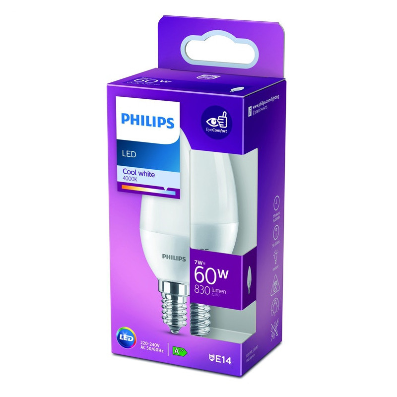Lemputė Philips LED, B38, E14, 7W, 4000K, matinė