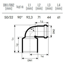 Vidaus kanalizacijos redukcinė alkūnė HTplus Ø32 / 50 mm balta