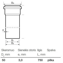 Vidaus kanalizacijos PVC vamzdis Wavin, Ø 50 mm, 0,75 m