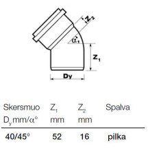 Vidaus kanalizacijos alkūnė Wavin, Ø 40 mm, 45° Vidaus kanalizacijos alkūnė Wavin, Ø 40 mm, 45°