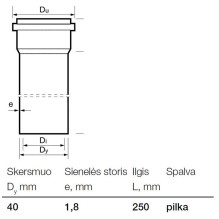 Pipe with socket s&w 40x1,8x250 PP, grey Pipe with socket s&w 40x1,8x250 PP, grey