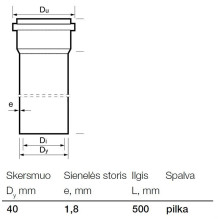 Vidaus kanalizacijos PP vamzdis Wavin, Ø 40 mm, 0,5 m