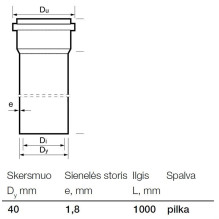 Vidaus kanalizacijos PP vamzdis Wavin, Ø 40 mm, 1 m