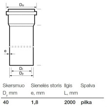 Vidaus kanalizacijos PP vamzdis Wavin, Ø 40 mm, 2 m