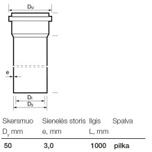 Vidaus kanalizacijos PVC vamzdis Wavin, Ø 50 mm, 1 m