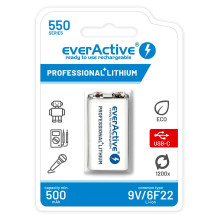 Rechargeable battery everActive 6F22 / 9V Li-ion 550 mAh with USB TYPE C Rechargeable battery everActive 6F22 / 9V Li-ion 550 mAh with USB TYPE C