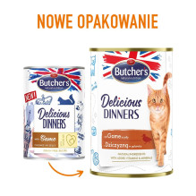 BUTCHER\'S Delicious Dinners gabaliukai su elniena drebučiuose - šlapias kačių ėdalas - 400 g