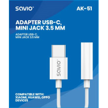 USB 3.1 C (M) - 3,5 mm lizdas (F) garso adapteris, baltas, SAVIO AK-51 USB 3.1 C (M) - 3,5 mm lizdas (F) garso adapteris, baltas, SAVIO AK-51