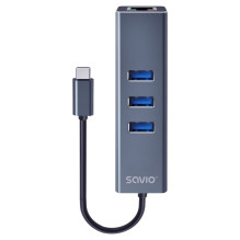 Savio AK-57 USB-C – 3 x USB-A šakotuvas su RJ-45 gigabito eterneto adapteriu, 5000 Mbps, pilkas Savio AK-57 USB-C – 3 x USB-A šakotuvas su RJ-45 gigabito eterneto adapteriu, 5000 Mbps, pilkas