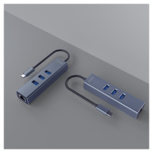 Savio AK-57 USB-C – 3 x USB-A šakotuvas su RJ-45 gigabito eterneto adapteriu, 5000 Mbps, pilkas Savio AK-57 USB-C – 3 x USB-A šakotuvas su RJ-45 gigabito eterneto adapteriu, 5000 Mbps, pilkas