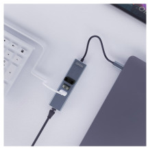 Savio AK-57 USB-C – 3 x USB-A šakotuvas su RJ-45 gigabito eterneto adapteriu, 5000 Mbps, pilkas Savio AK-57 USB-C – 3 x USB-A šakotuvas su RJ-45 gigabito eterneto adapteriu, 5000 Mbps, pilkas