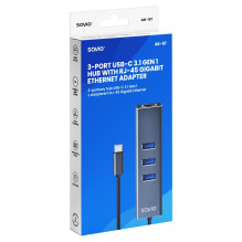Savio AK-57 USB-C – 3 x USB-A šakotuvas su RJ-45 gigabito eterneto adapteriu, 5000 Mbps, pilkas Savio AK-57 USB-C – 3 x USB-A šakotuvas su RJ-45 gigabito eterneto adapteriu, 5000 Mbps, pilkas