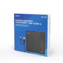 SAVIO AK-59 išorinis plonas CD / DVD įrašymo įrenginys R / RW - USB-C / USB-A, juodas
