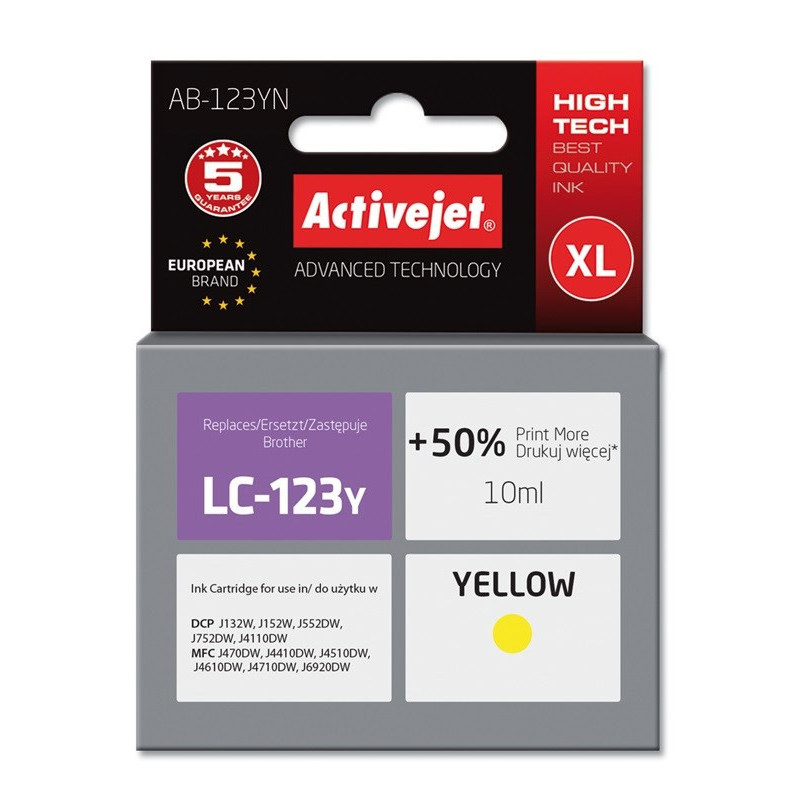 Activejet AB-123YN Ink (replacement for Brother LC123Y / 121Y Supreme 10 ml yellow)